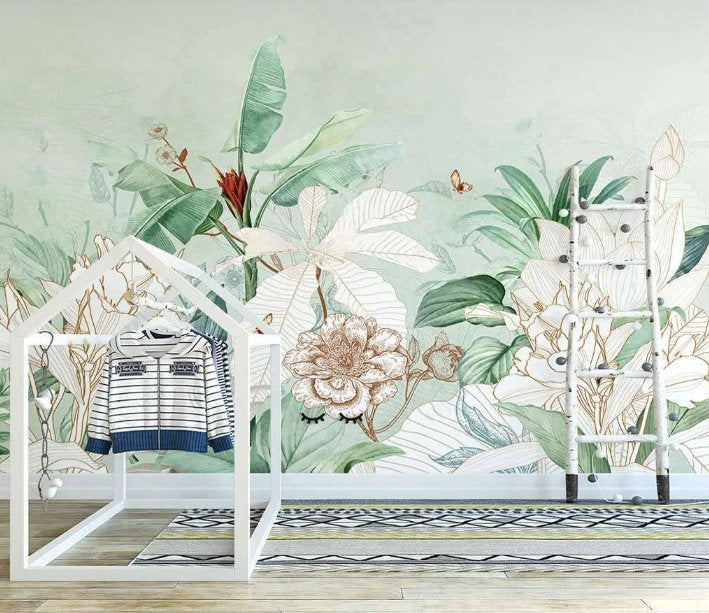 Tropical leaf wallpaper peel and stick wall mural, vinyl wallpaper, modern botanical wallpaper, banana leaf mural