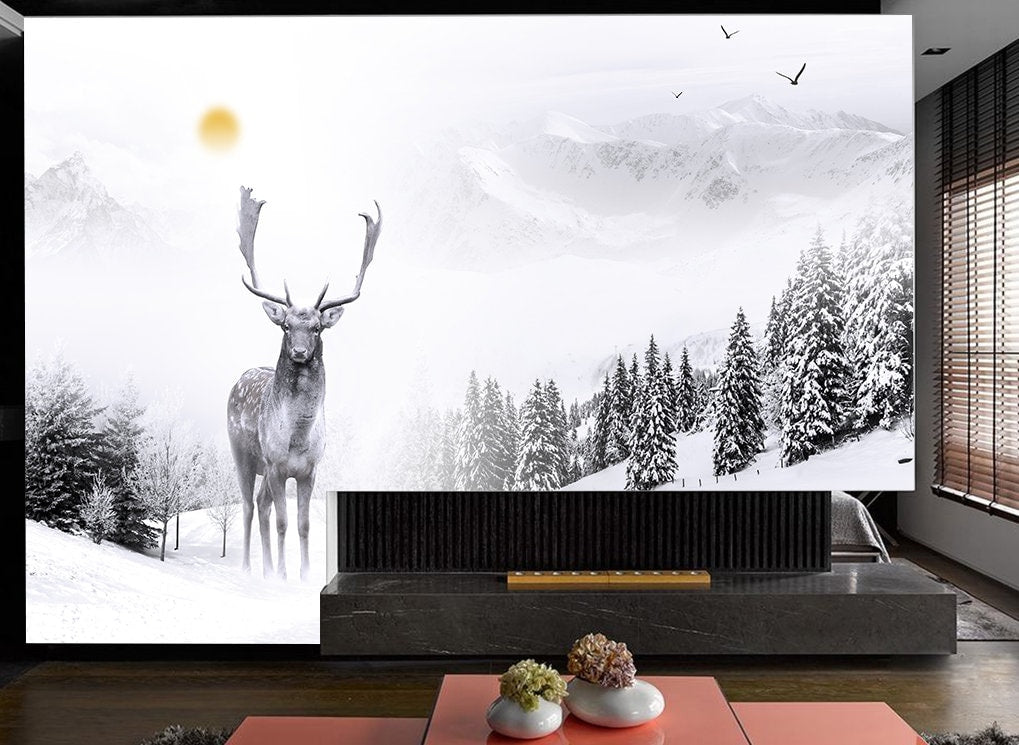 Black white peel and stick wallpaper, nature mural with deer in the forest, temporary self adhesive living room canvas wall decor