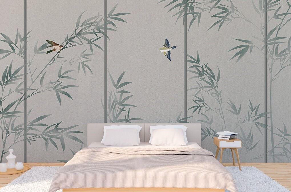 Extra large bamboo self adhesive wall mural, tropical peel and stick wallpaper, temporary asian photo mural, removable green photo wallpaper