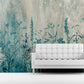 Botanical self adhesive wallcovering, large peel and stick grass wallpaper, accentual blue white wall decal, removable canvas wall mural