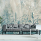 Botanical self adhesive wallcovering, large peel and stick grass wallpaper, accentual blue white wall decal, removable canvas wall mural