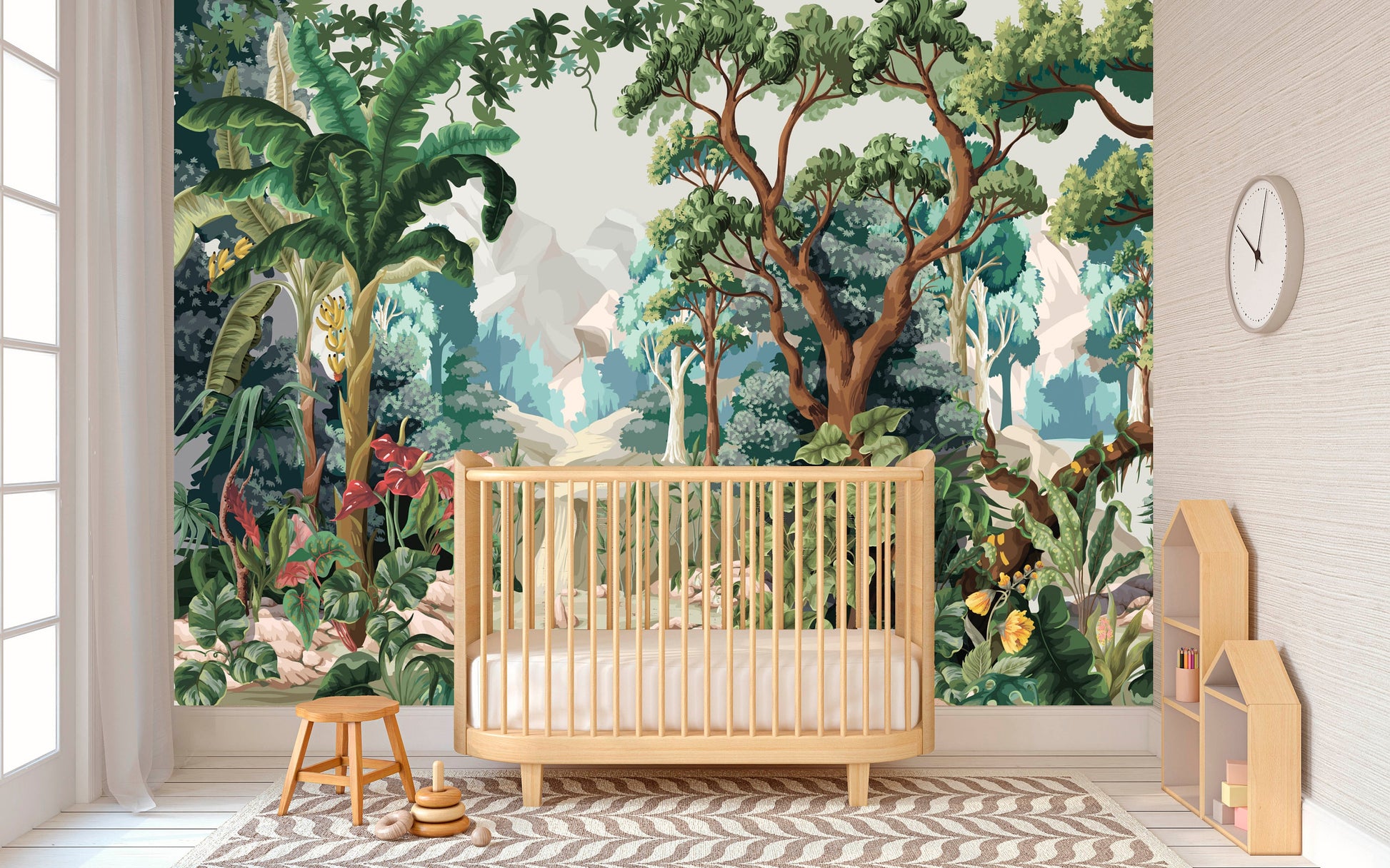 Tropical peel and stick wallcovering, large botanical self adhesive wallpaper, temporary nature wall mural, accentual forest wall decal