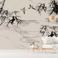 Botanical self adhesive wallpaper, peel stick wall mural with bamboo, accentual asial style wallcovering, removable black white wallpaper