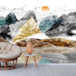 Abstract mountains wall decal, large peel and stick landscape wallpaper, black gold self adhesive wall mural, accentual Japanese wallpaper