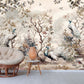 Botanical self adhesive wallpaper, peel and stick wall mural with peacocks, large accentual nature wallpaper, removable canvas wall mural