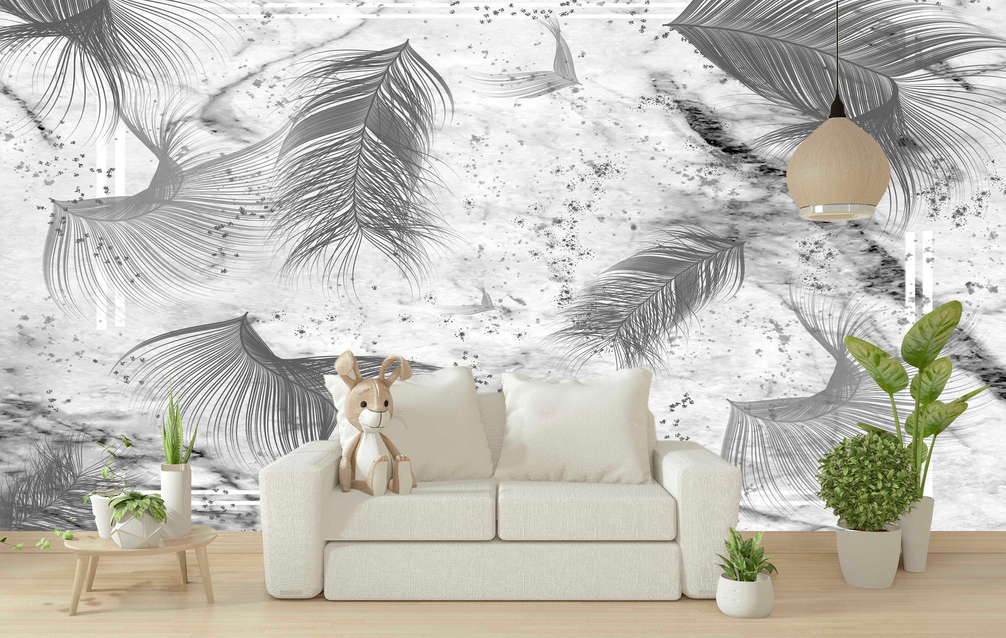 Abstract peel and stick wallpaper, self adhesive marble wall nural, large feathers wallcovering, removable black white canvas wallpaper