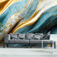 Abstract large peel and stick wall mural, self adhesive blue gold wallpaper, removable marble photo wallpaper, accentual wall decal