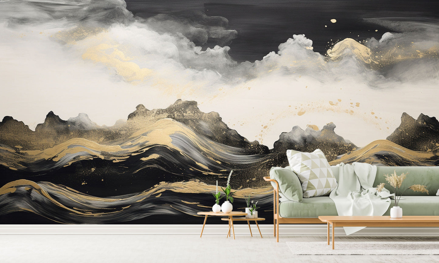 Abstract waves wallpaper, self adhesive black gold wall mural, dark peel and stick wallpaper, removable seascape wallpaper, accentual mural